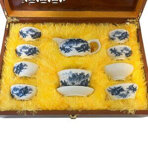 Chinese Porcelain‎ Tea Set Blue White Cups Teapot Pitcher Wood Box Marked Qingma